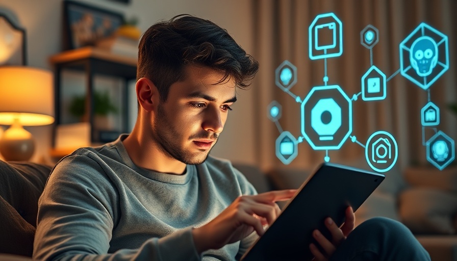 Young man reading about AI societal challenges on a tablet in cozy room.