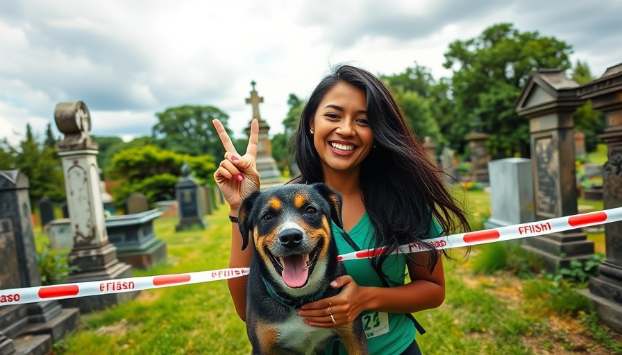 Cheerful woman with dog at Oakland Cemetery Atlanta race finish.
