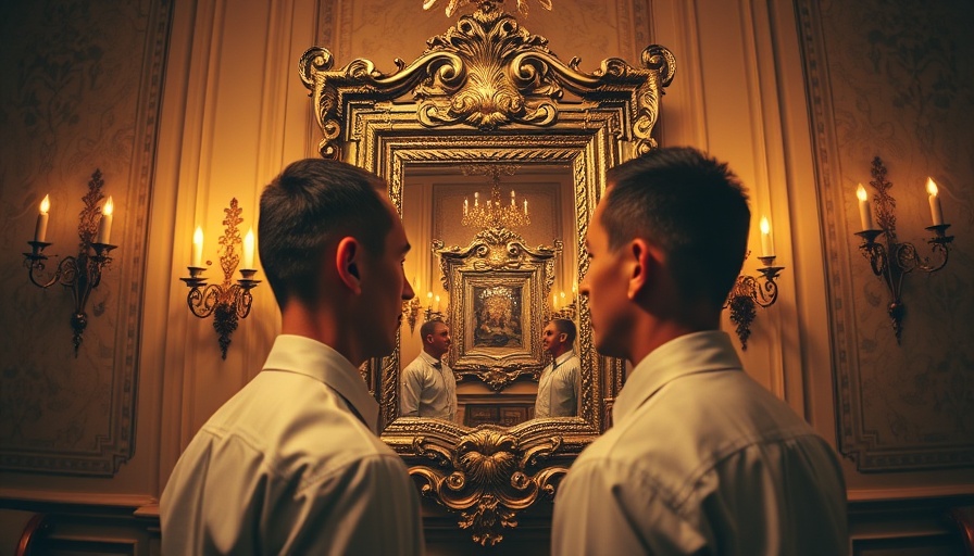 Surreal scene of men in front of recursive frame, warm lighting.