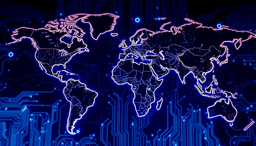 Futuristic digital world map with glowing circuits, Radiance Technologies Microchip Facility