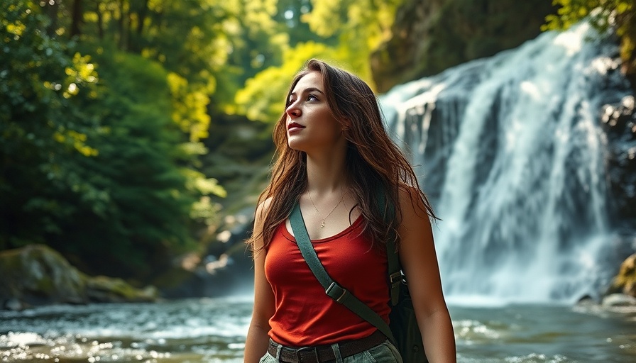 Adventurous young woman by North Carolina waterfall, lush forest.
