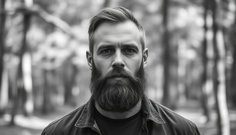 Bearded man outdoors, neutral expression, daytime, black and white