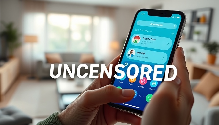 Smartphone with smart home app and 'UNCENSORED' text in modern room.