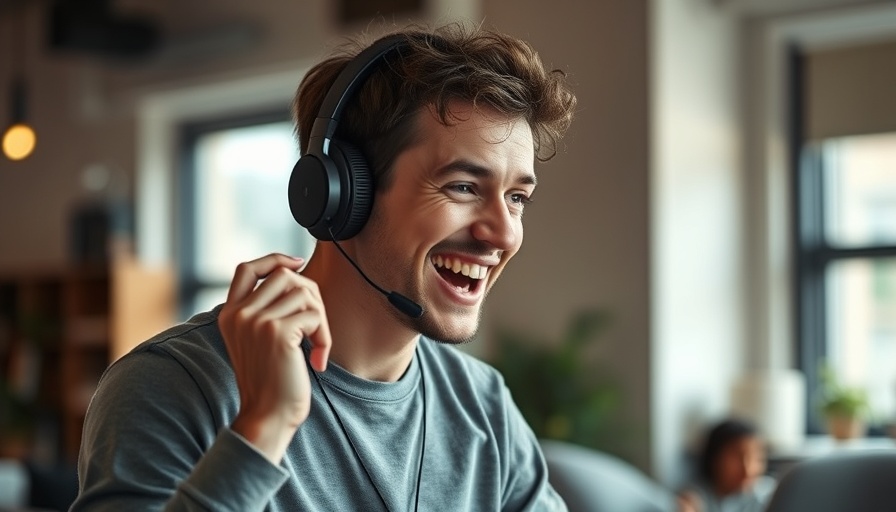 Young man discussing AI music generation with headphones, lively expression