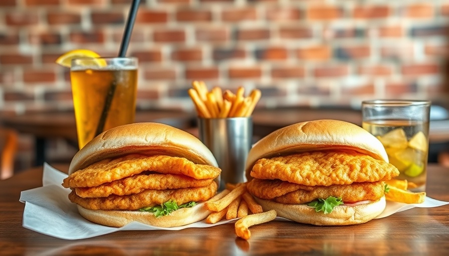 Enjoying the best fried-fish sandwiches in Atlanta with fries and drinks.