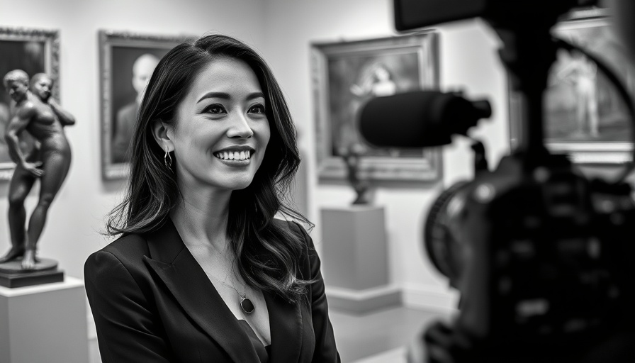 Woman smiling while filmed at Mylene Costa's Sculptures exhibit.