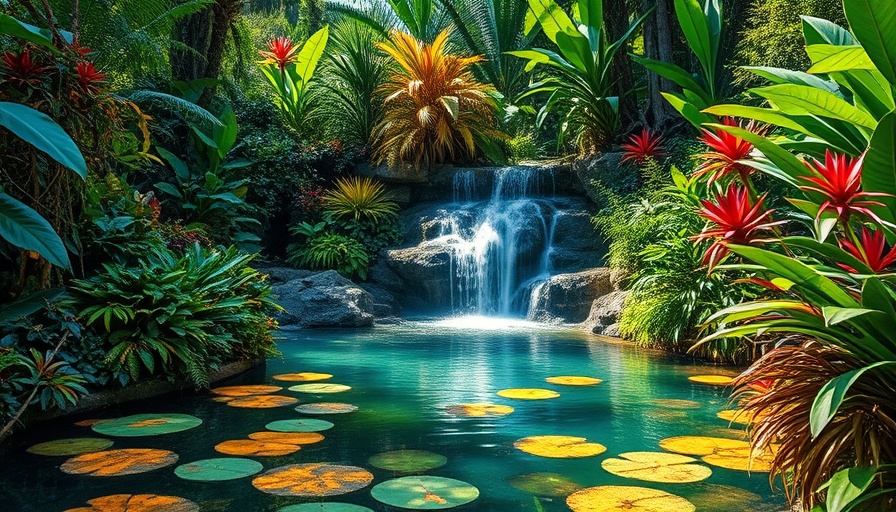 Lush garden scene in Naples FL with pond and waterfall.