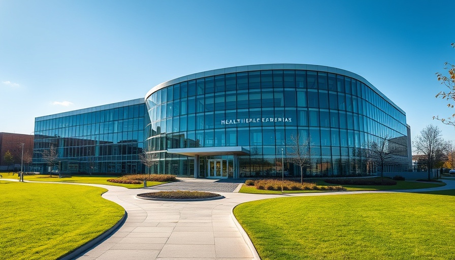 Modern healthcare facility with glass facade, showcasing health technology.