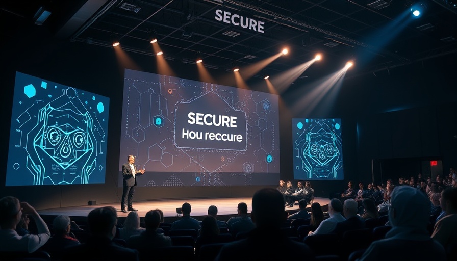 Digital event poster on AI online security with speakers on stage.
