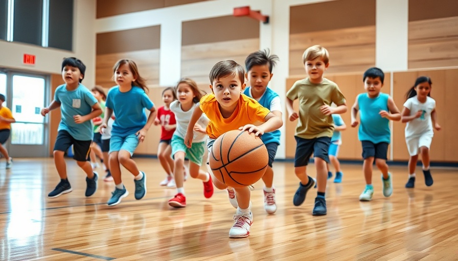 Children playing basketball indoors, focusing on dribbling.