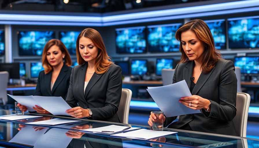 News anchors during broadcast in a studio setting.