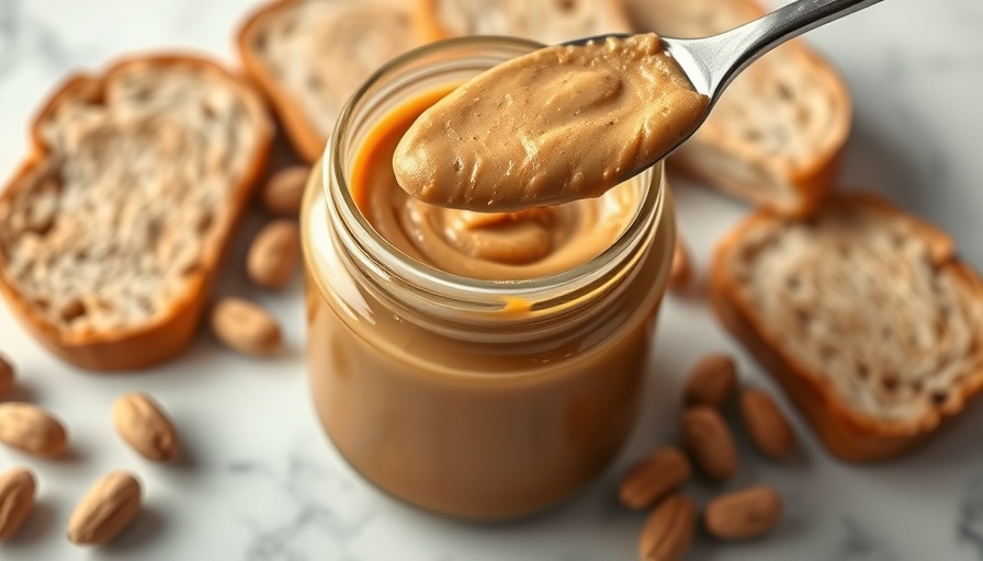 Peanut butter jar with spoonful, bread, and peanuts nearby.