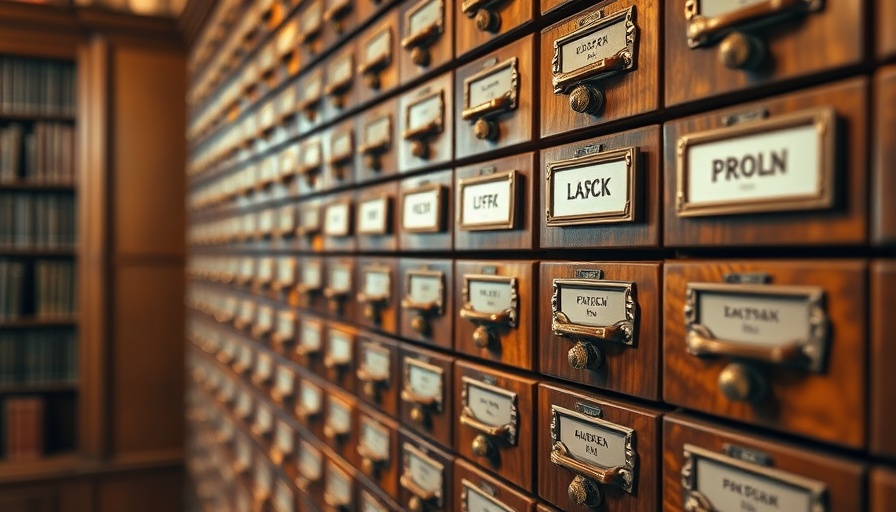 Vintage library card catalog drawers symbolizing data organization in AI ethical implications.