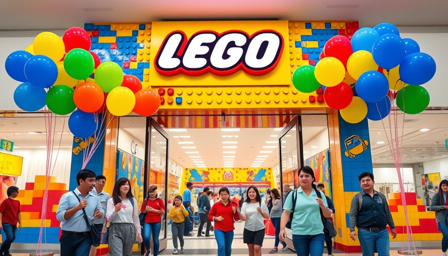 LEGO Store Opens at Perimeter Mall entrance with balloons and shoppers.