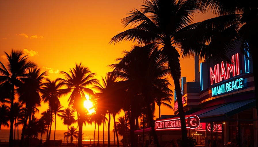 Miami Beach nightlife poster with palm trees silhouette and sunset.