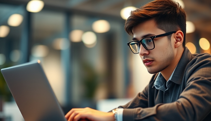Focused professional working on a laptop in a modern office, AI societal impact.