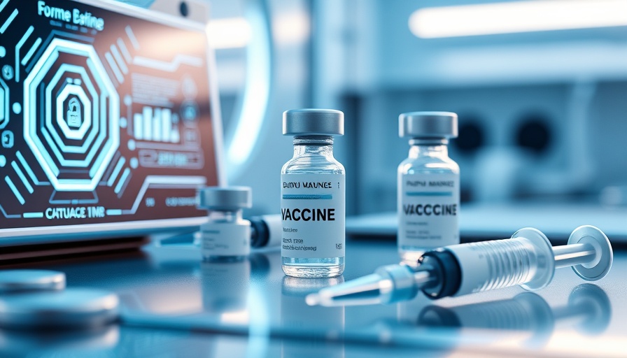 AI-powered vaccine initiative with vials and digital interface.