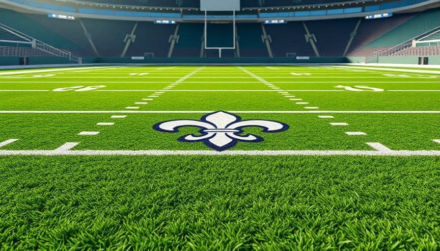 Saints news: fleur-de-lis logo on lush football field.