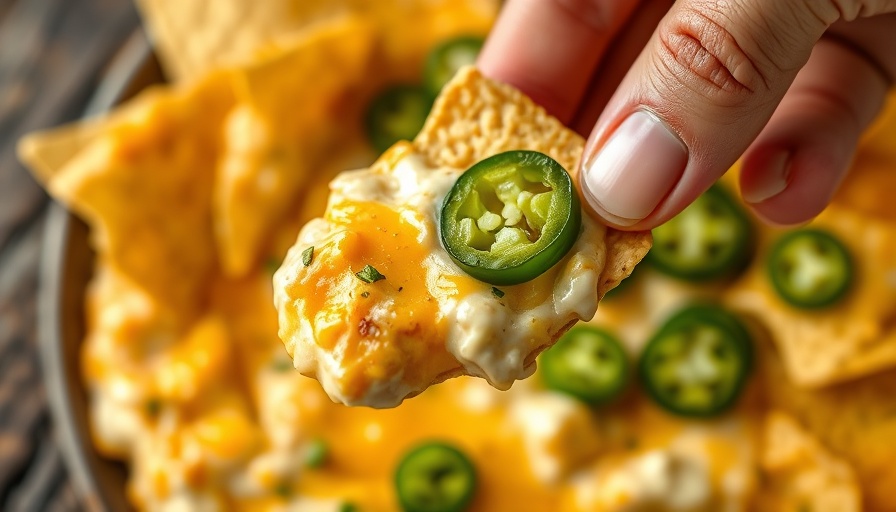 Jalapeño cream cheese dip with nacho chip in skillet.