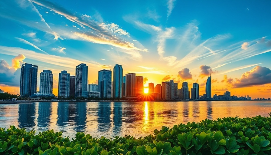 Miami skyline during sunset, highlighting NY businesses flowing into Miami.