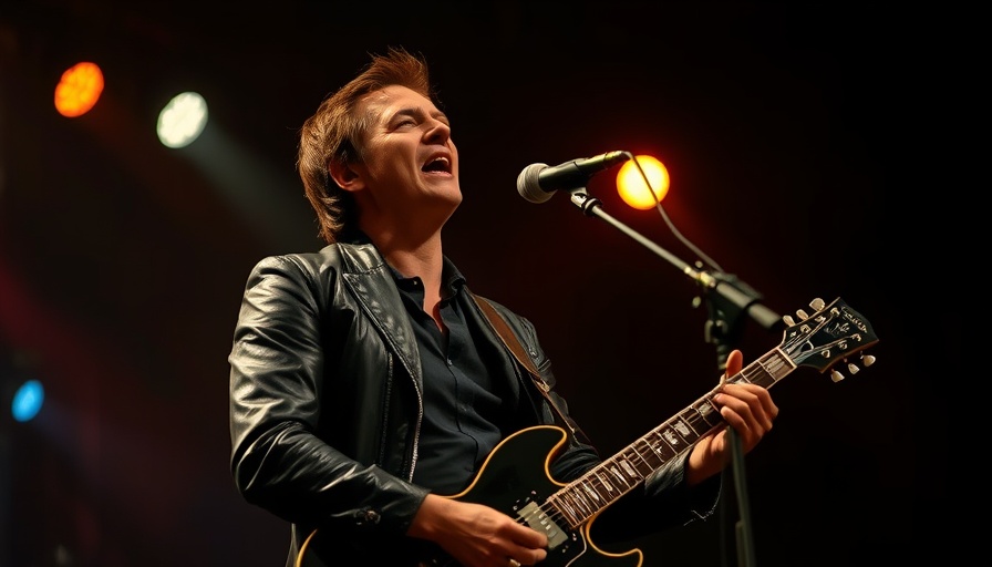 Iconic musician singing with guitar, dark stage ambiance.