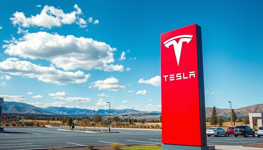 Tesla logo on tall red sign reflects advertising strategy under blue sky.