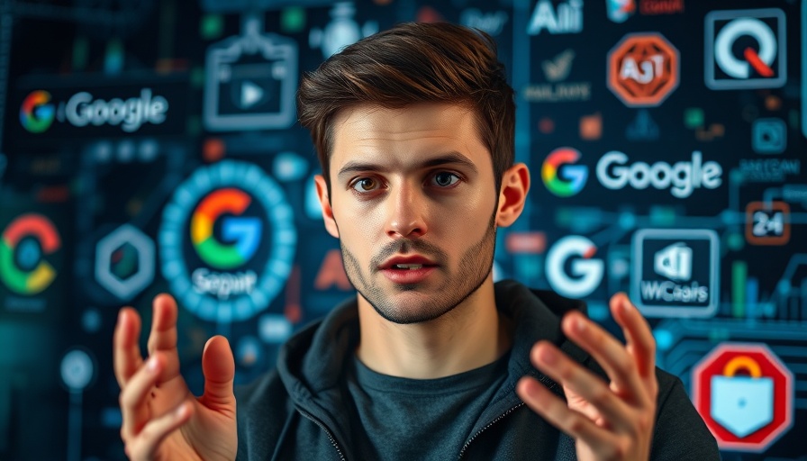 Young man presenting AI creativity news with digital logos.