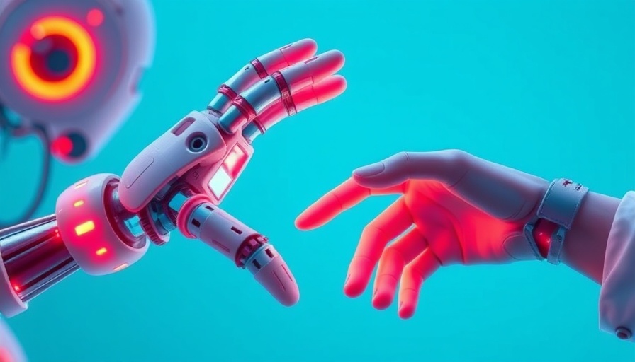 Futuristic neon depiction of AI and human hands reaching out, symbolizing AI societal challenges.
