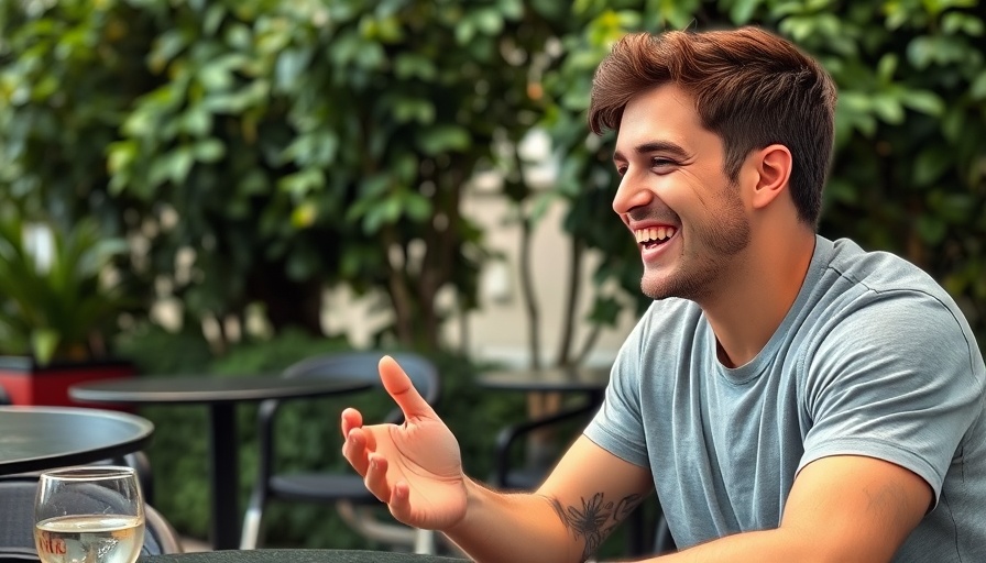 Young man smiling and gesturing in outdoor setting showcasing AI creativity.