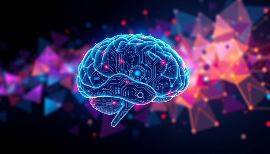 Futuristic AI circuit brain on colorful geometric abstract background, AI societal challenges.