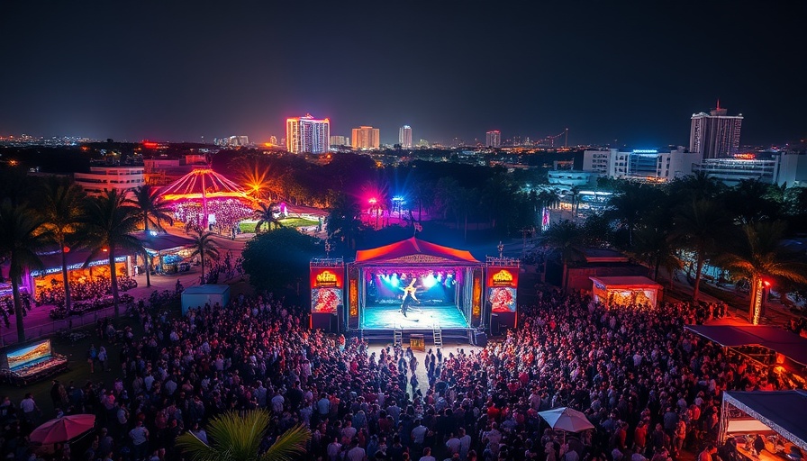 Vibrant festival with lively crowd and colorful stage in Miami