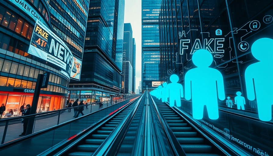 AI in journalism depicted with digital icons over cityscape.