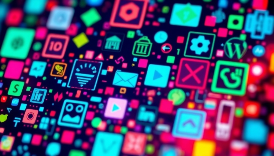 Digital icon layers representing tech news, vibrant colors.
