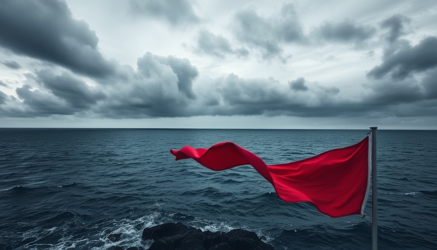 Moody coastal scene with red flag amid stormy clouds reflecting on drone cloud-seeding safety.