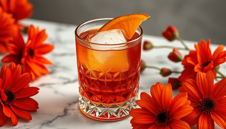 Pumpkin Old Fashioned cocktail in a decorative glass with flowers.