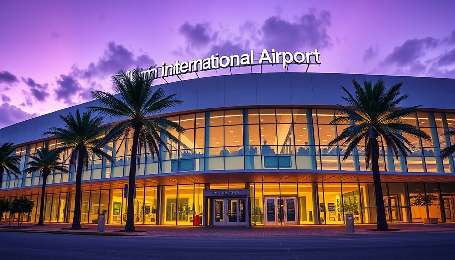 Evening view of Miami International Airport entrance showcasing modern architecture.