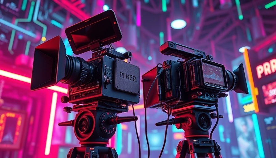 Vintage and modern filmmaking tools merging with AI in a digital space