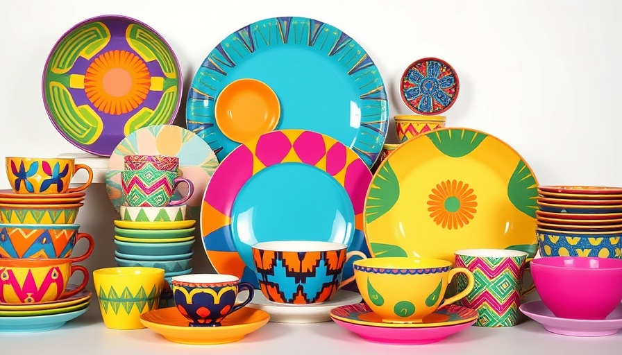 Colorful Memphis-style dishware moodboard with geometric patterns.
