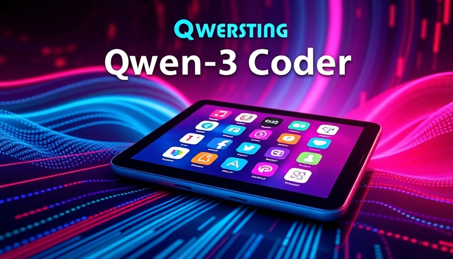 Qwen 3 Coder Plus marketing graphic with neon colors and tablet