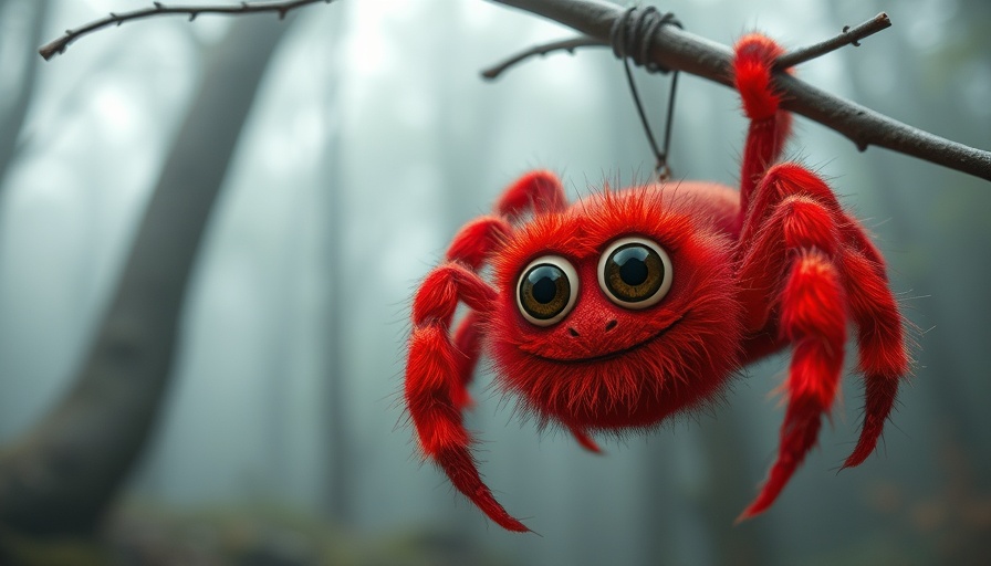 Fuzzy red spider with wide eyes in a misty cartoon forest scene, AI in Hollywood.