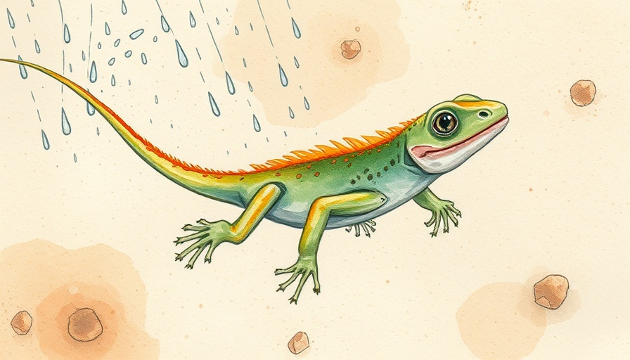 Abstract lizard illustration in rain, symbolizing resilience.