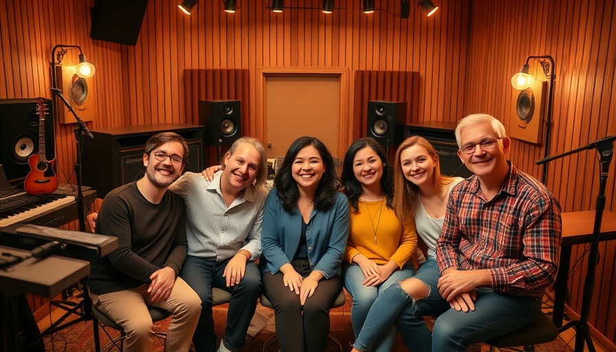 Five individuals in a music studio with Morgan Evans Virgin Music Group.