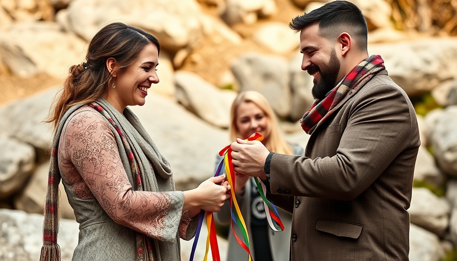 Origin of Tie the Knot ceremonial image with couple and ribbons outdoors.