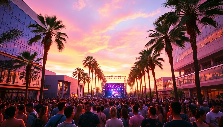 Lively palm-lined plaza event at sunset, exciting events in Miami October.
