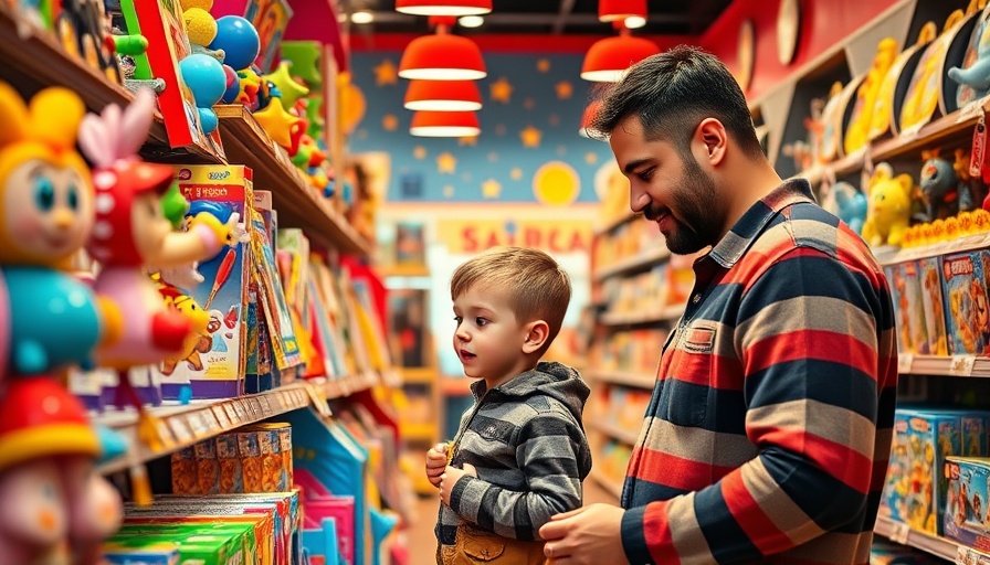 Father and son at Toys R Us holiday shop browsing toys.