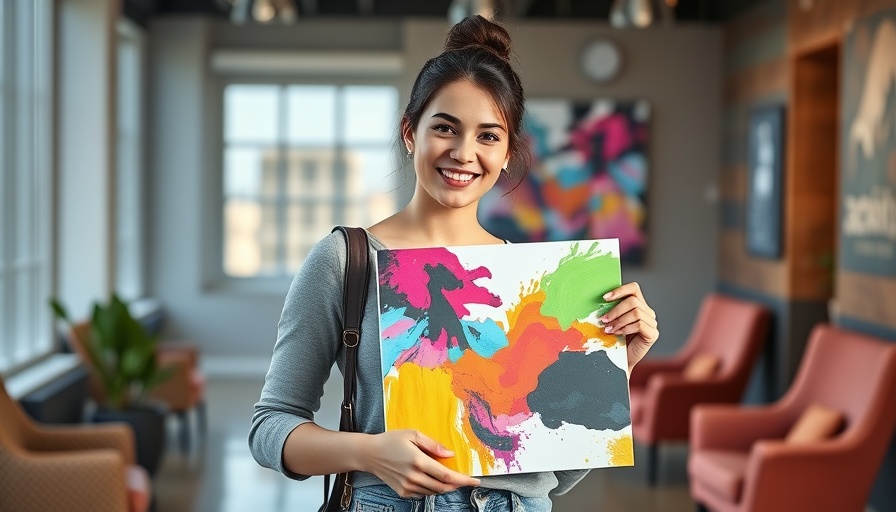 Young woman holding artwork in Nashville nonprofit office.