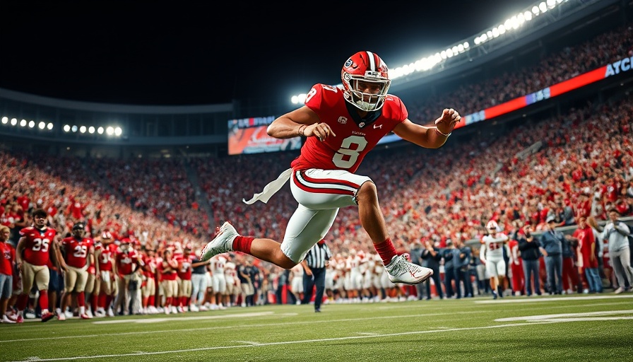 Georgia Bulldogs Get-Right Game action, player leaping over tackle.