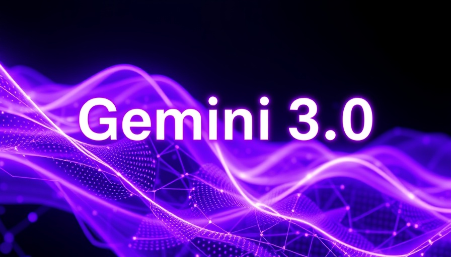 Futuristic banner announcing Gemini 3.0 AI model with digital wave pattern.