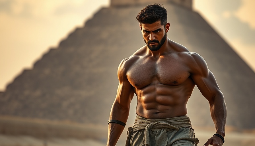 Muscular man stepping confidently with intense expression.