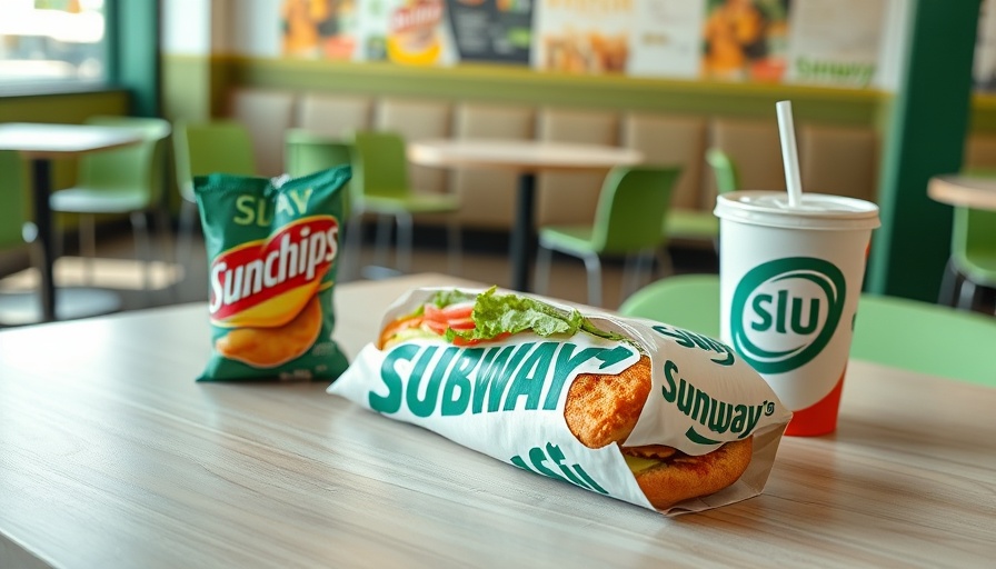 High-protein Subway meal with Sunchips and drink in bright setting.